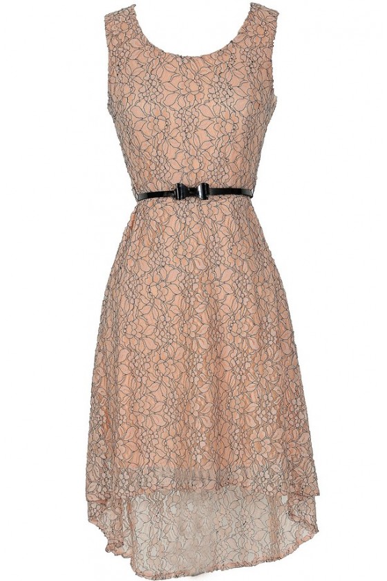 Drawing Outlines Belted Floral Lace High Low Dress in Pink Lily